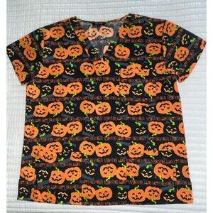Just Love Halloween Pumpkin All Over Print Scrub Top XL